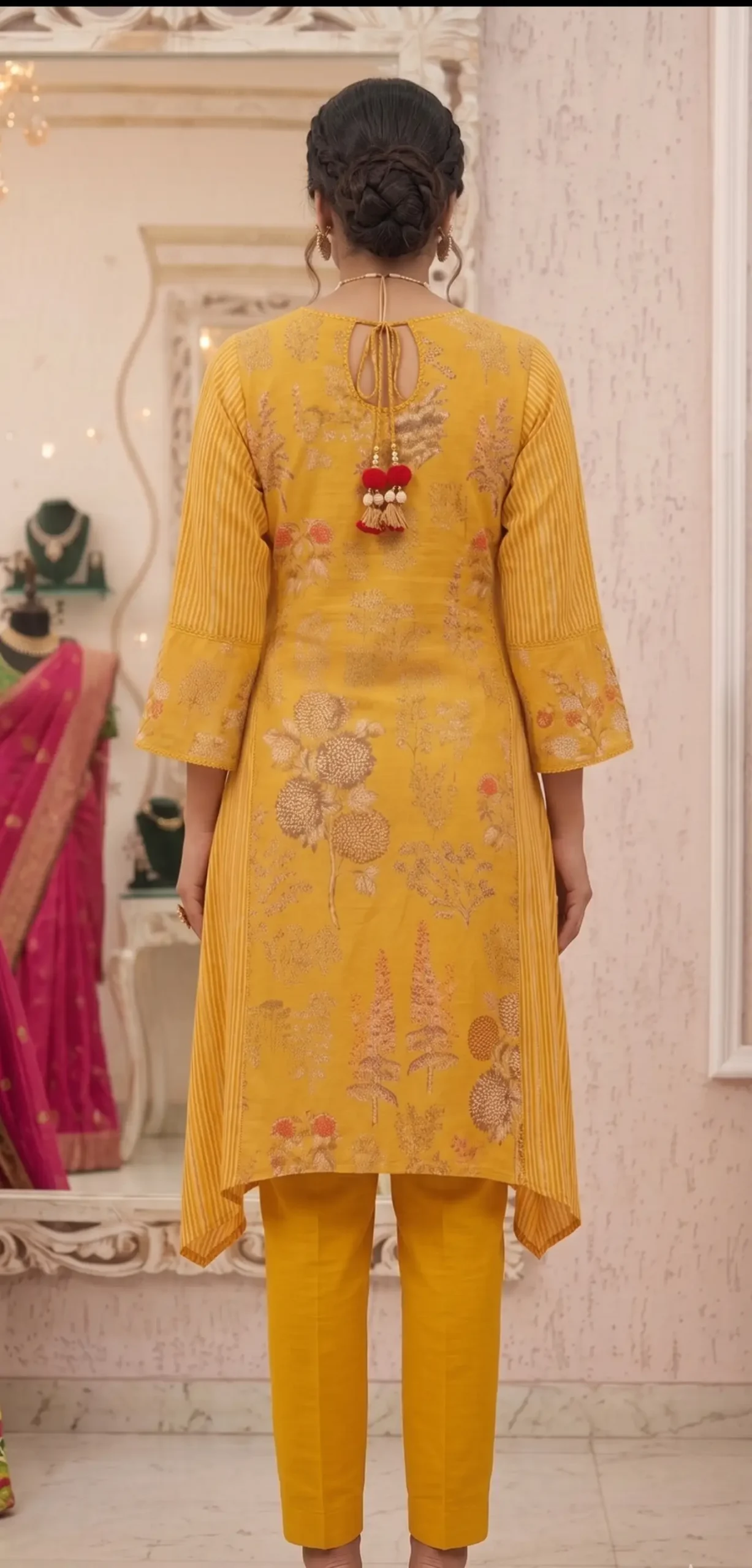 Printed Pleated Kurta Pant Set - Image 3