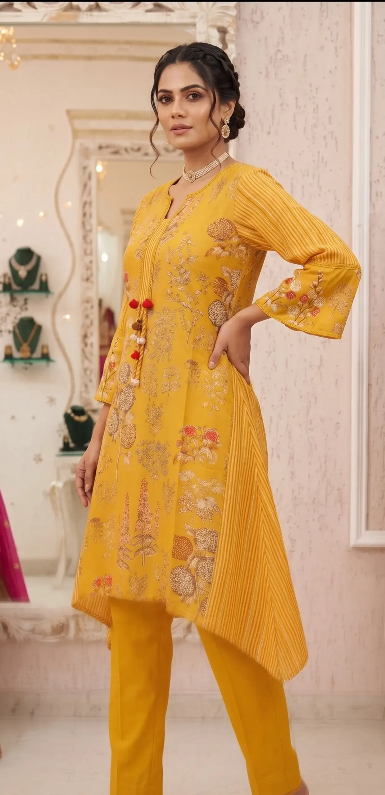 Printed Pleated Kurta Pant Set - Image 4