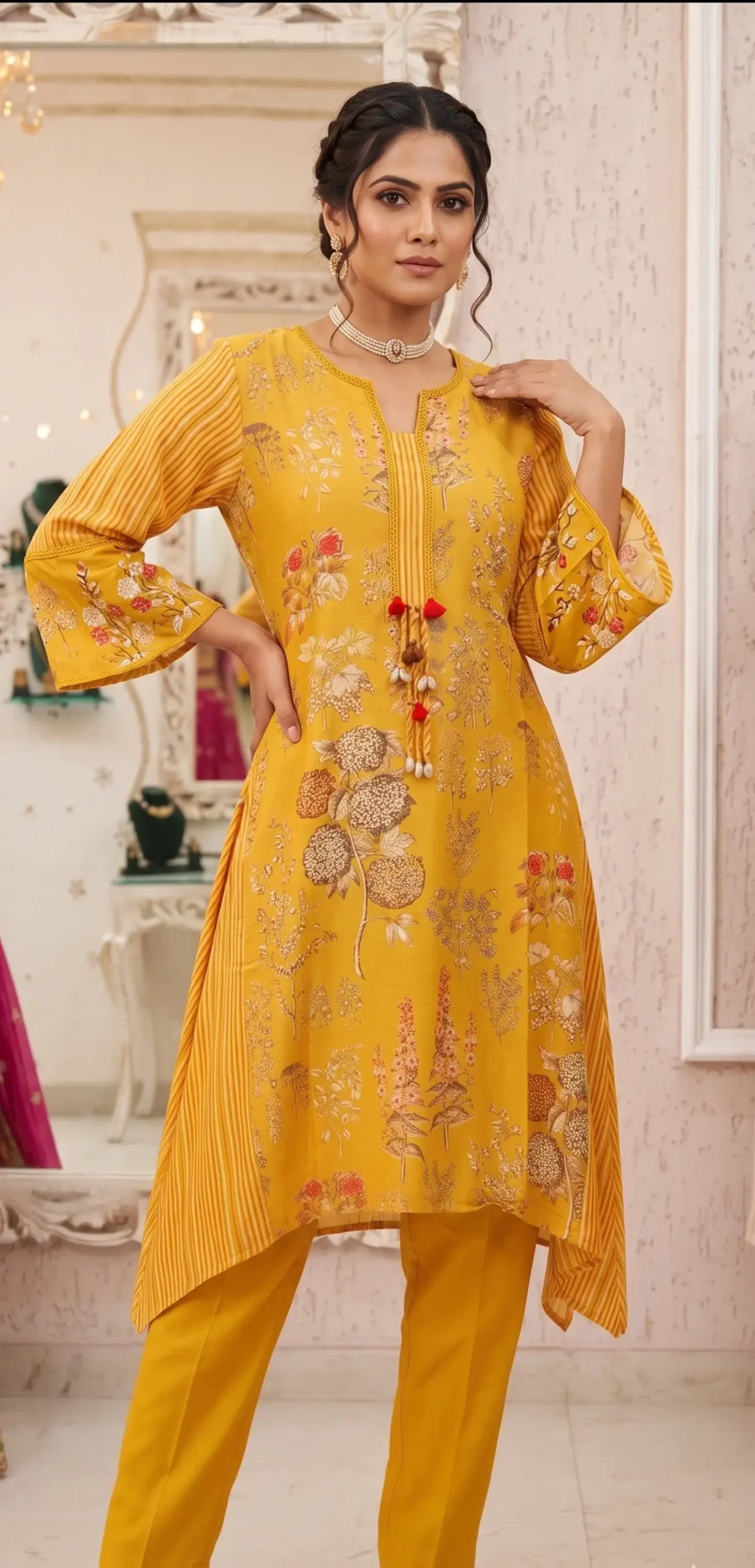 Printed Pleated Kurta Pant Set