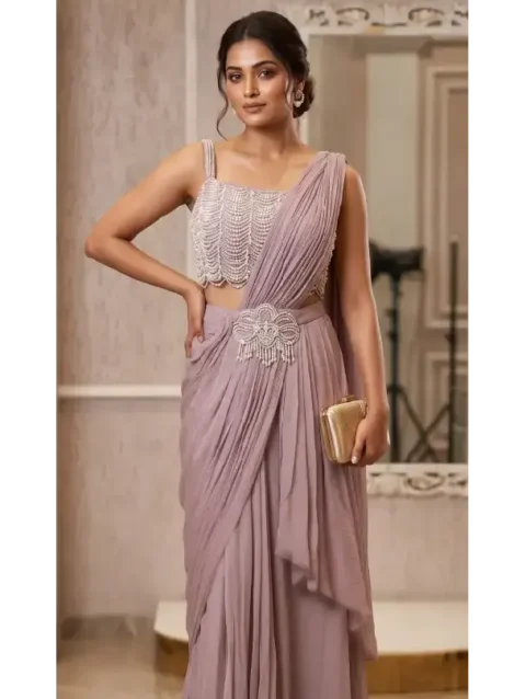 Pearl Embellished Pre-Draped Saree Set